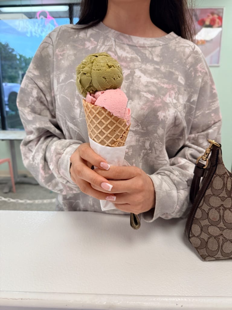 Matcha & strawberry waffle cone